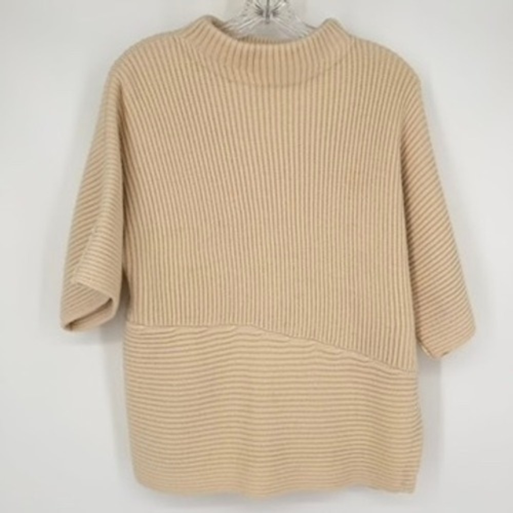 AYR Ribbed Asymmetrical Sweater Cream Wool Alpaca Mixed Mock Neck Short Sleeve M - Picture 2 of 13